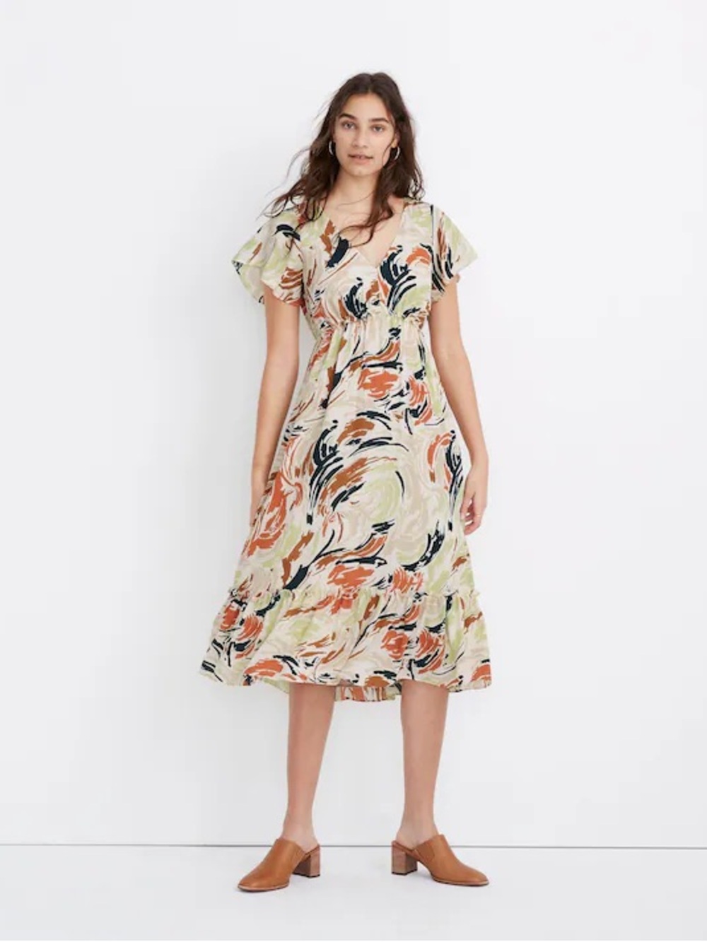 Madewell Flutter-Sleeve Ruffle-Waist Midi Dress in Brushing Up Studio Cream 4